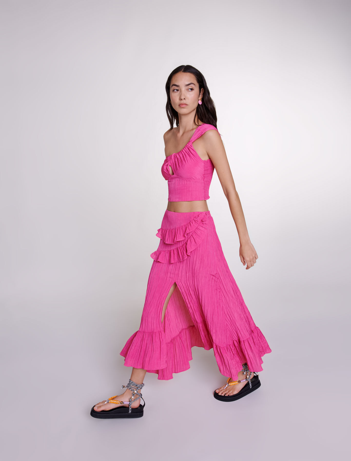 Fustă lungă din satin creț - Roz fucsia