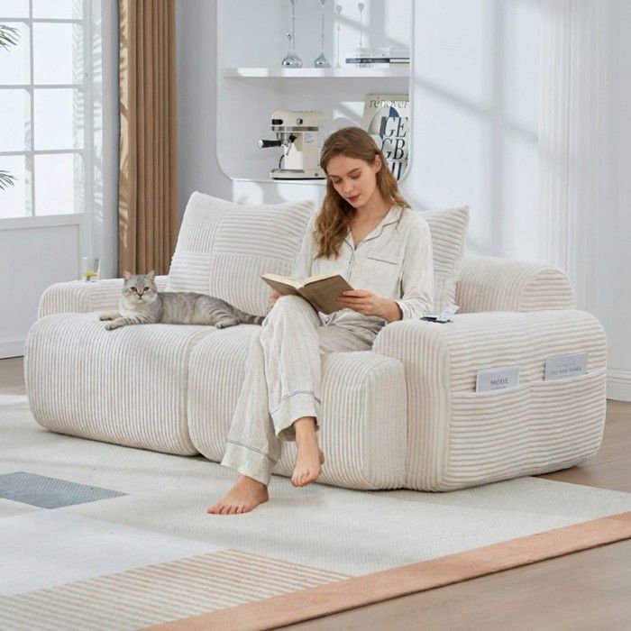 Canapé modulable 2 places - LANGTU - 2 Places Modulable - Velours côtelé beige - Porte-gobelet & poche latérale - 200×99×80cm