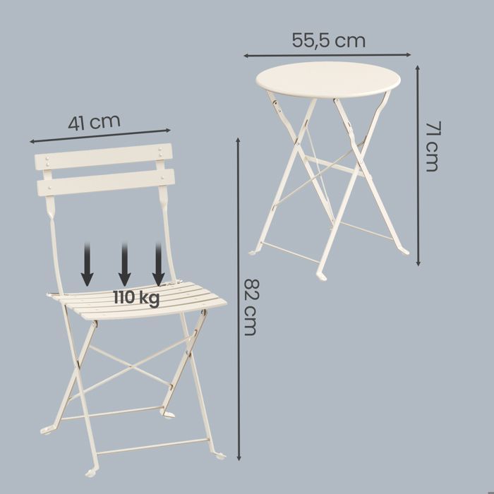 Ensemble Mobilier de Jardin Pliable, 3 Pièces, Acier Résistant, Table et Chaises, Terrasse, Balcon, Beige