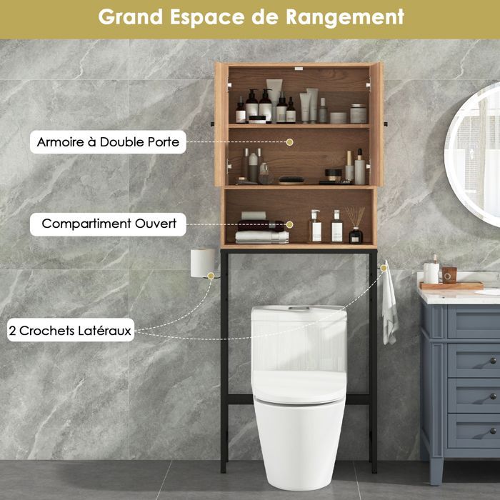 Armario para inodoro GOPLUS - Unidad de almacenamiento sobre el inodoro, compartimento abierto - Estante ajustable, para cuarto de lavado, color natural