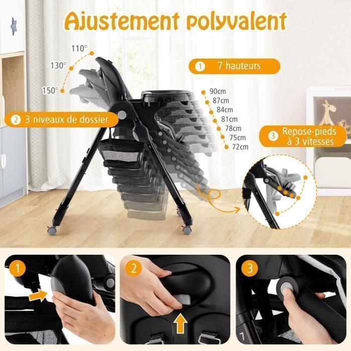 Silla alta plegable para bebé COSTWAY con respaldo reclinable, altura ajustable, bandeja extraíble sin BPA, apta para bebés de 6 meses en adelante, 4 ruedas giratorias, color negro.