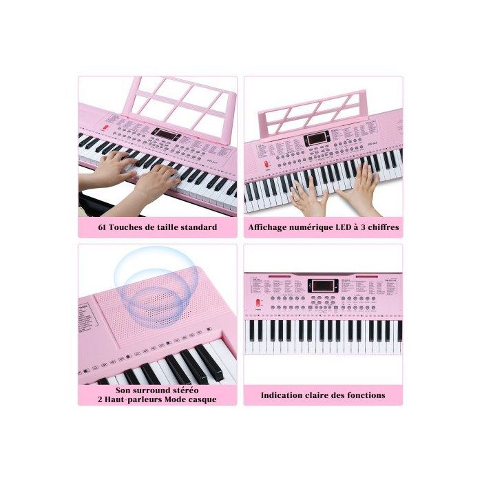 Pianoklavier met 61 toetsen, inclusief standaard en pianokruk, 200 klankkleuren, 200 ritmes en 60 demonummers - Roze + Zwart