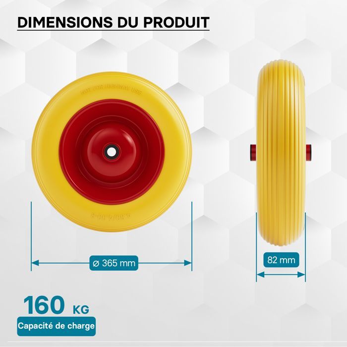 Wiltec Roue complète increvable 3.50-8 pour Diable – 365 x 82 mm – en PU / Polyuréthane – profil rainuré – Capacité de charge max. 1