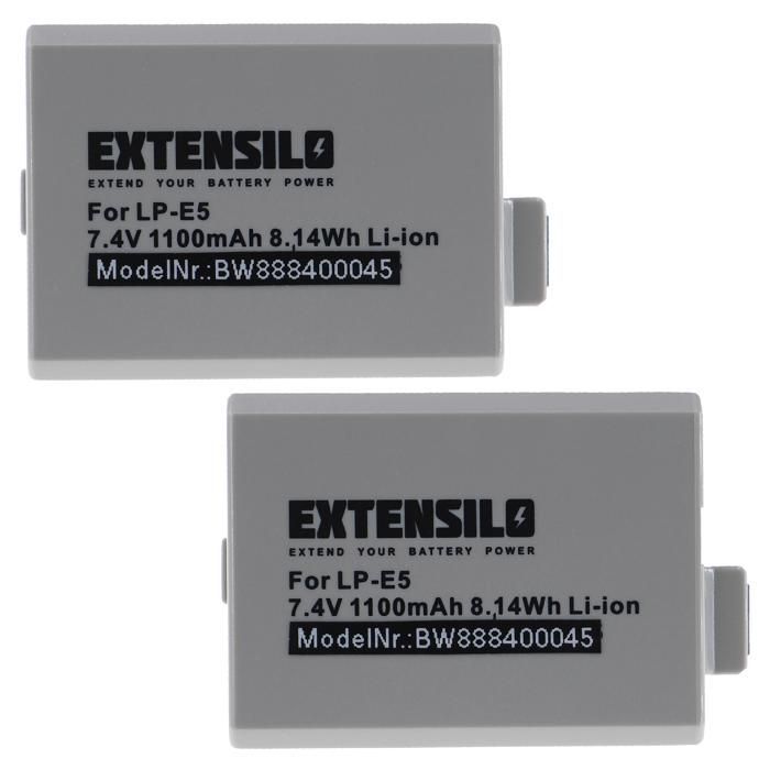 EXTENSILO 2x accu, compatibel met Canon EOS 1000D, 450D, 500D, Digital Rebel XSi, Kiss X3, Kiss F en Kiss X2 camera's.