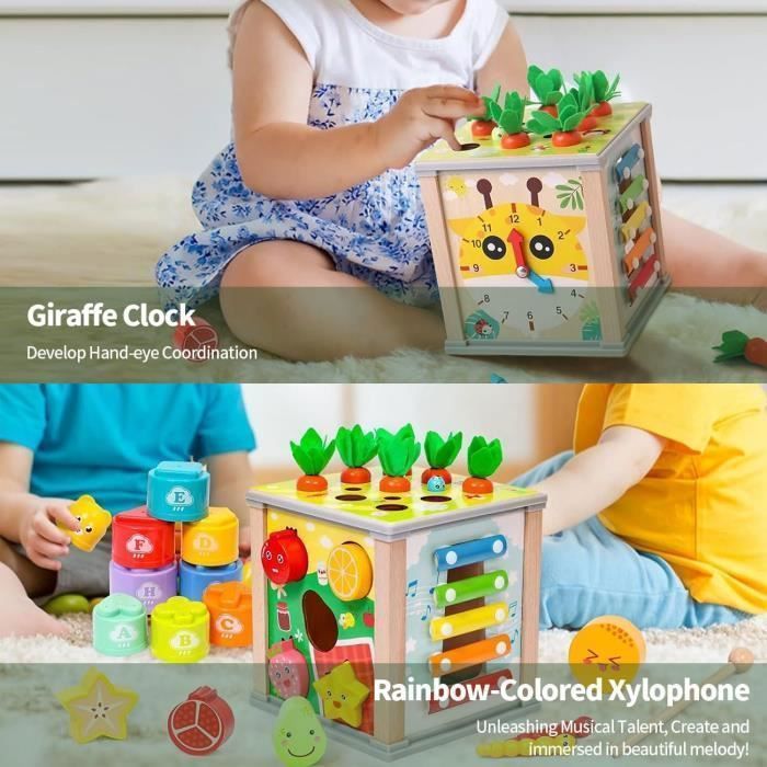 Cubo attività in legno, giocattolo per bambini di 2 anni, cubo attività in legno 7 in 1 per bambini da 1 a 4 anni, giocattolo Montessori