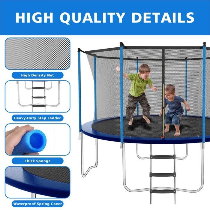 Trampoline 240x240cm Acier Galvanisé Filet Sécurité Inclus + Coussin Ressorts - Capacité 181kg Extérieur Enfant/Adulte Bleu