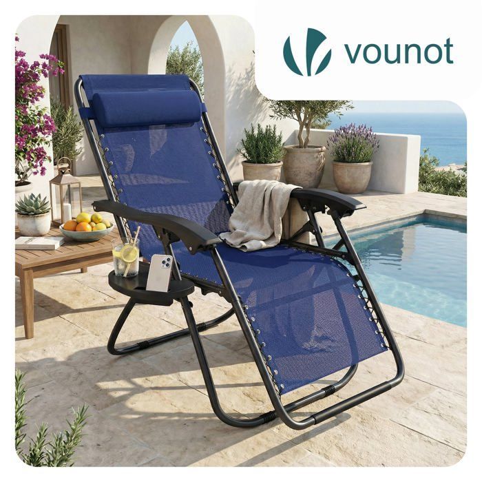 Tumbona reclinable plegable VOUNOT® de Textilene con portavasos - Carga máxima 120 kg - Azul