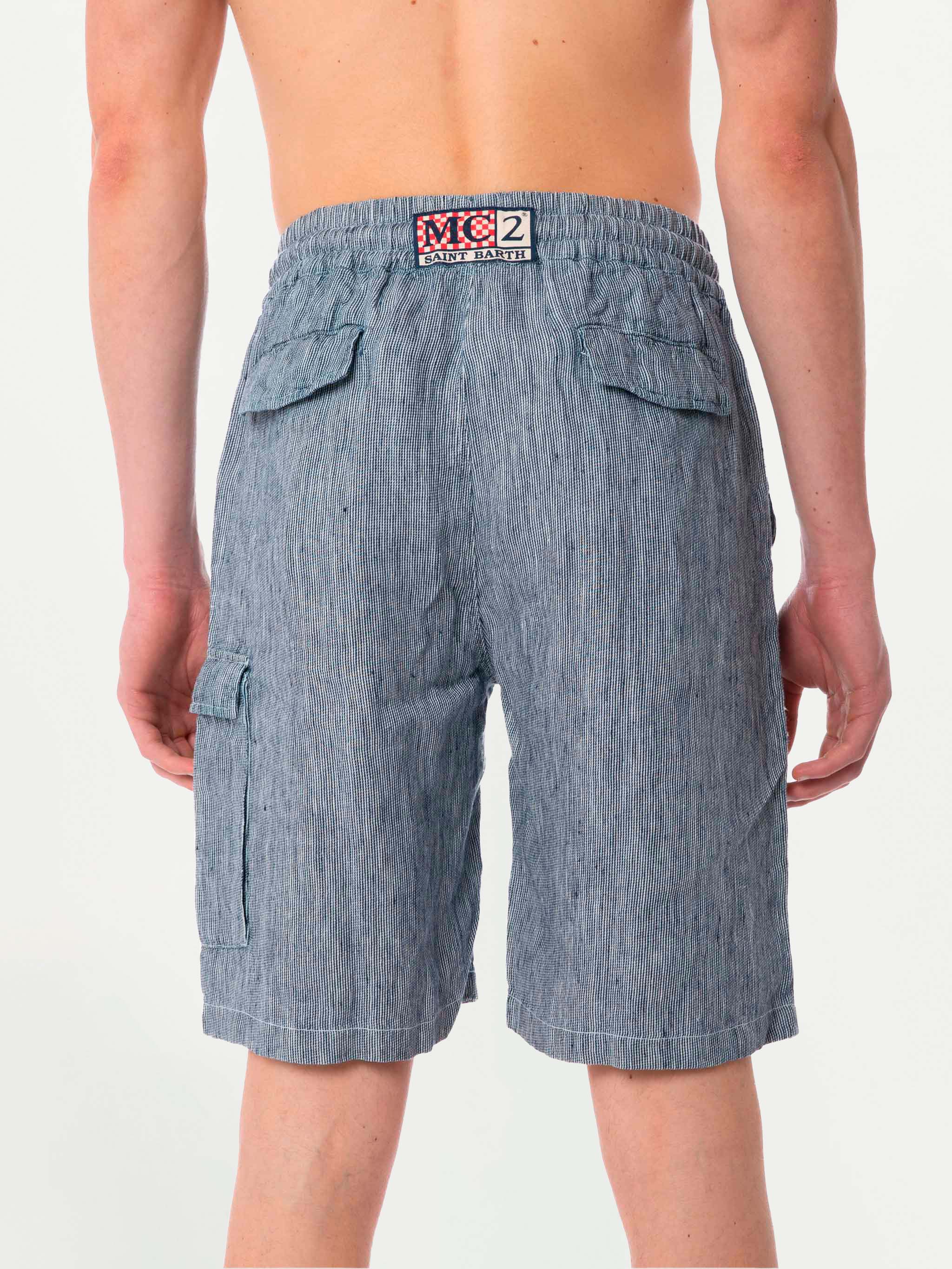 Bermuda in lino color denim a righe