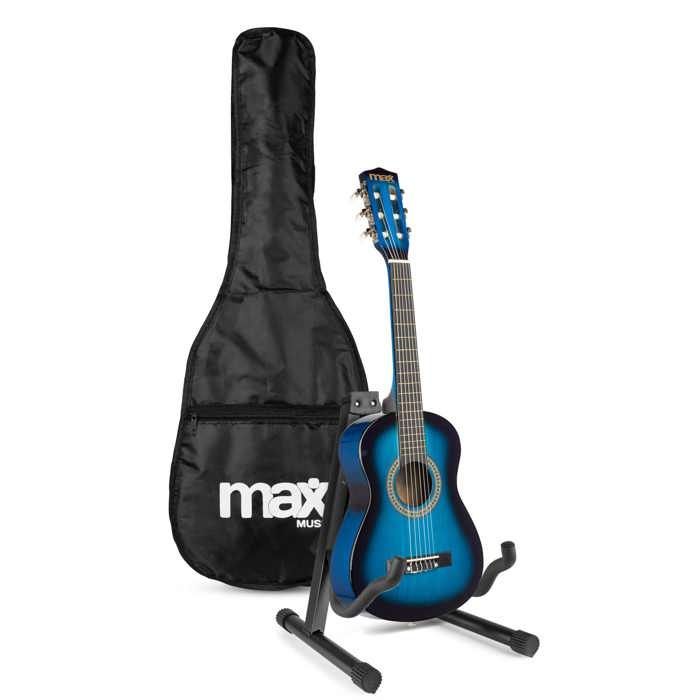 Max SoloArt Junior 1/4 Gitarren-Set – Blau, Nylonsaiten, Alter 4–6 Jahre, Tragetasche, Plektren, Gurt, Gitarrenständer