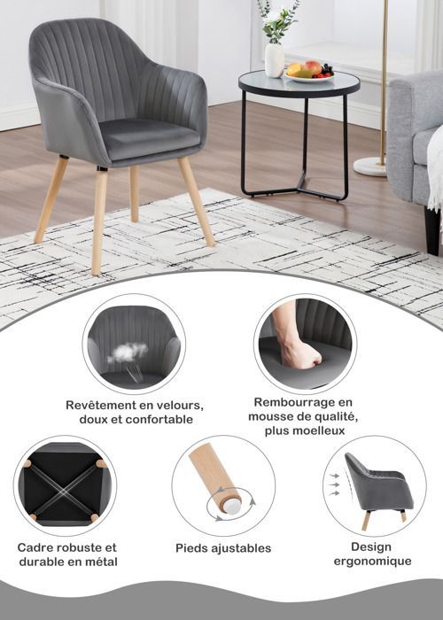 Juego de 4 sillas de comedor WOLTU, sillas de recepción de terciopelo y madera maciza, gris oscuro.