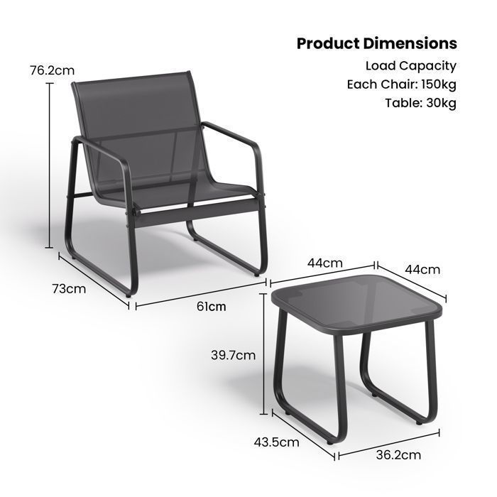Bealife Garden Furniture Set - Teslin Breathable Metal Armchair - Tempered Glass Coffee Table - Outdoor Garden Furniture - 2 Seater