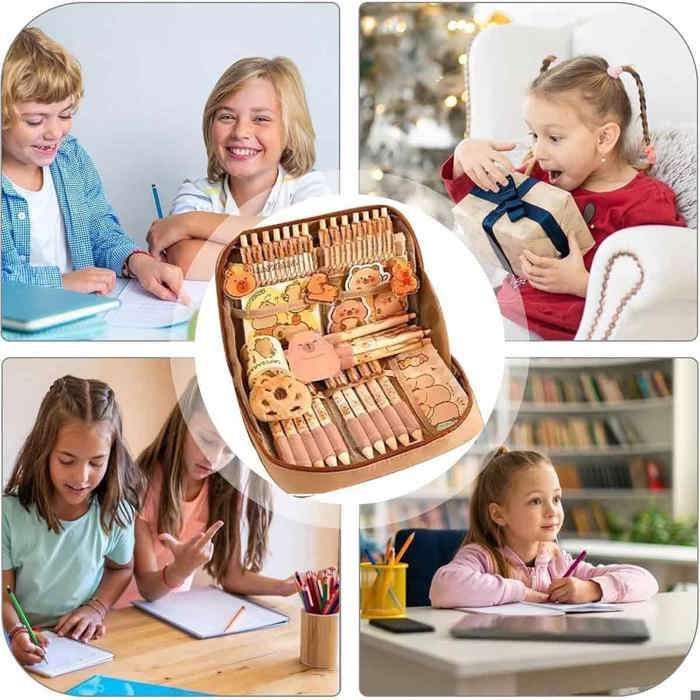 Set de papelería Capybara - Estuche para lápices estético - Compartimentos prácticos - Bolígrafos incluidos - Duradero
