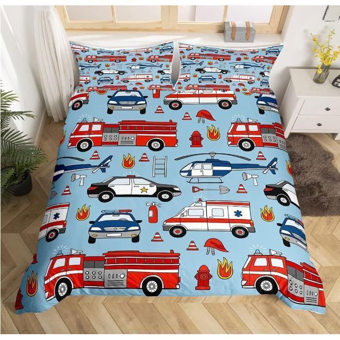 Juego de ropa de cama de dibujos animados de coche de policía, camión de bomberos, funda nórdica roja de 90x190cm para niños y niñas, umbral de puerta de coche