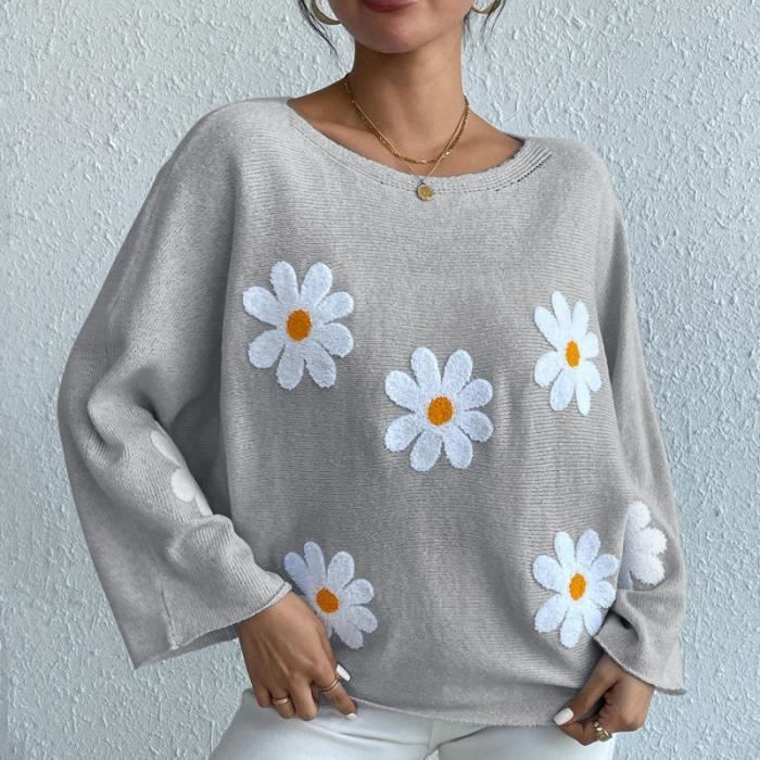 Pull en Tricoté Femme Broderie Fleurs Coupe décontractée Manches Longues - Gris