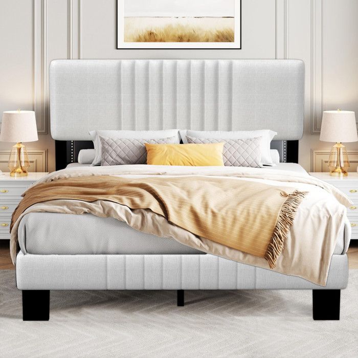 Estructura de cama de 140x190 cm, base de cama de metal con cabecero y tapizado, estructura de cama de fácil montaje, construcción robusta.