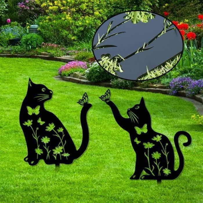Décoration de Jardin pour Chat en métal - ANNEFLY - Chats jouant des papillons - Noir - Lot de 2 Noir