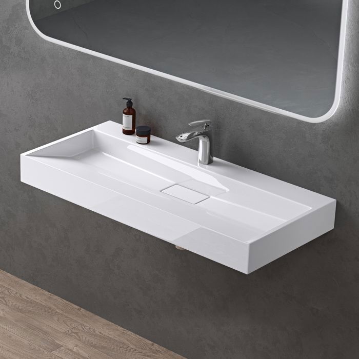 Lavabo mural Doporro con desagüe, blanco, 120x46x11cm, lavabo rectangular con orificio para taladrar, Colossum19