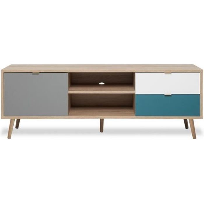 Meuble TV scandinave CUBA - Décor chêne, gris, blanc et bleu pétrole - 1 Porte - L 150 x P 40 x H 51 cm