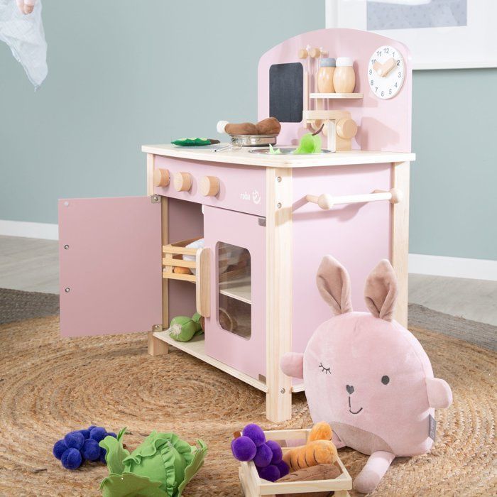 Cuisine en bois pour enfant - ROBA - Équipée avec accessoires - Rose / Naturel