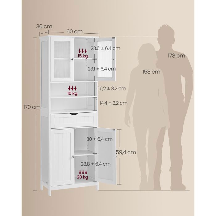 VASAGLE Colonne de salle de bain, Armoire de Salle de Bain, avec Étagères Réglables, Tiroir, Compartiments Ouverts, Blanc Nuage