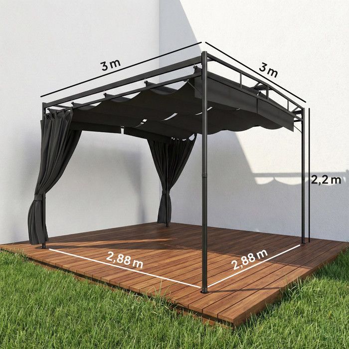 Pérgola de jardín - cenador de patio - Outsunny - techo retráctil, cortinas, sistema de poleas - metal - 3x3m - gris antracita