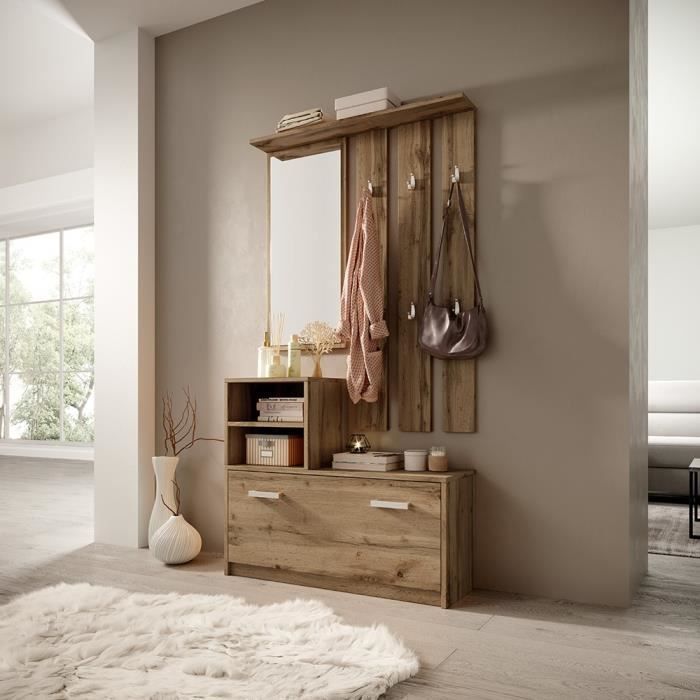 Entryway cabinet / Hallway furniture - AMBER - 85 cm - Wotan oak - shoe cabinet - coat rack - mirror
