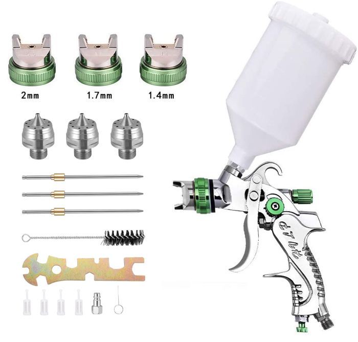 HVLP Professionnel Pistolet A Peinture Alimentation par Gravité 3 Buses 1,4mm 1,7mm 2,0mm Coupelle 600cc