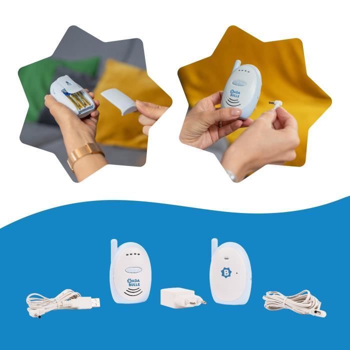 Badabulle Babyphone audio - Simple d'utilisation - Portée 300m  - Babyphone Compact - Alarme Sonore et Visuelle