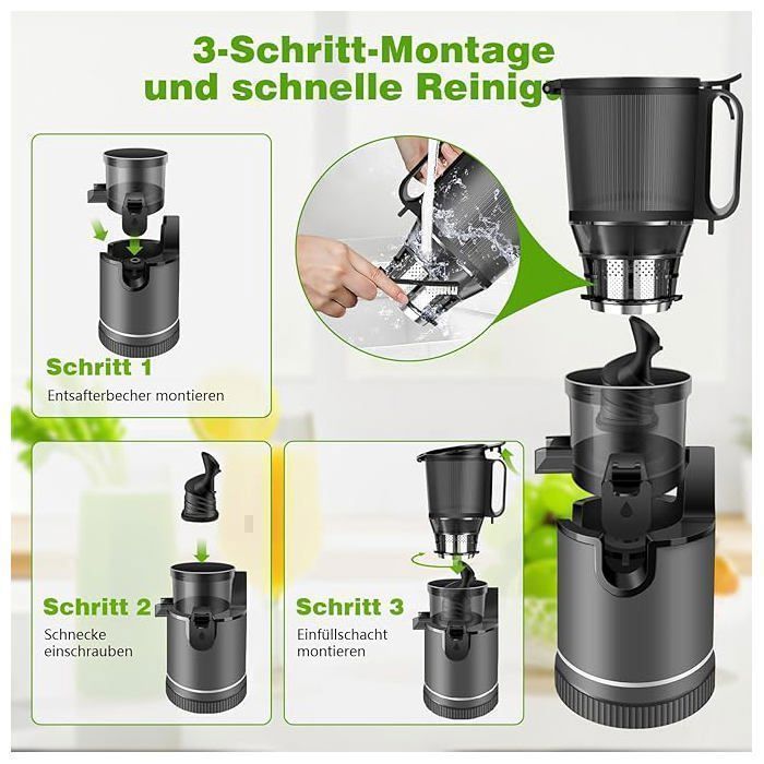 Licuadora de prensado en frío, boca de alimentación ancha de 147 mm y motor de 400 W, instalación de fácil limpieza, rendimiento de jugo del 99 %, 1,8 L, gris.