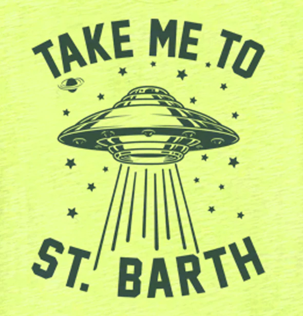 T-shirt enfant jaune fluo en forme d'OVNI et de vaisseau spatial