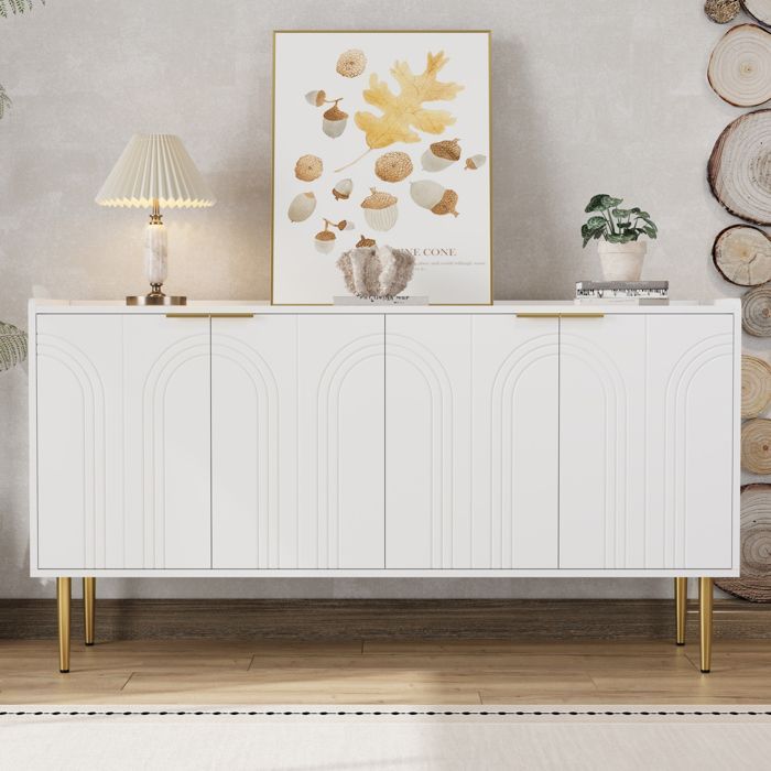 Aparador moderno blanco de 140 cm, mueble de comedor con espacio de almacenamiento y 4 puertas, estantes ajustables, patas de metal dorado.
