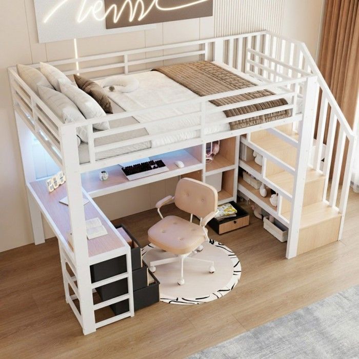 Lit mezzanine - LANGTU - 90x200 avec bureau - Escalier rangement - LED intégrée - 4 tiroirs - Métal/MDF - Blanc