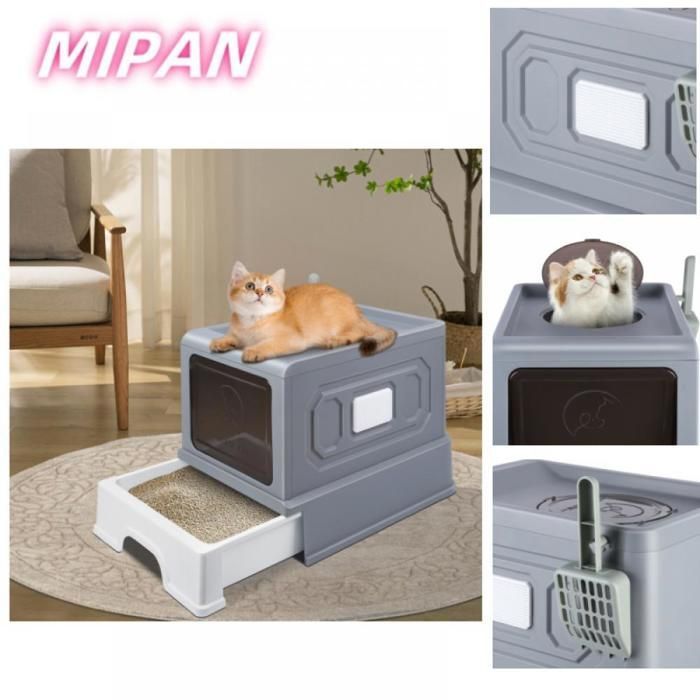 Arenero para gatos MIPAN, bandeja grande para arena de gatos, casita para gatos de 38*50*38 cm, color gris.