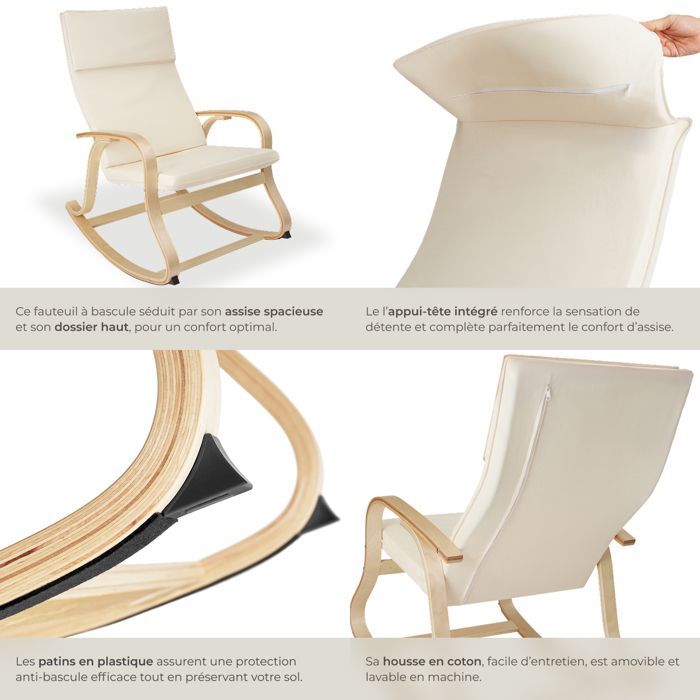 Mecedora - TECTAKE - ROCA mecedora de madera 65 x 94 x 100 cm - Beige
