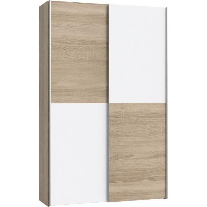 Armoire 2 portes coulissantes multifonction - Blanc et chêne clair - L120 x P41,6 x H190,5 cm - OZZULA