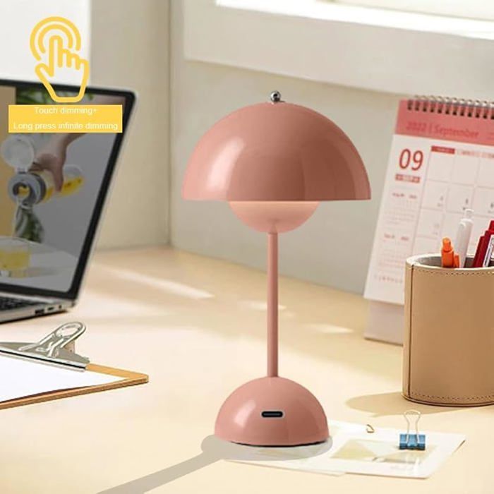 LED Flower Pot Table Lamp, Wireless Rechargeable Bedside Lamp, Dimmable Touch Mushroom Lamps with 3 Brightness Pink