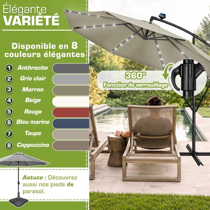 Sombrilla voladiza LED tillvex® Ø 350 cm Marrón – 360°, protección UV UPF 50+ con manivela, funda y cortavientos, parasol con base