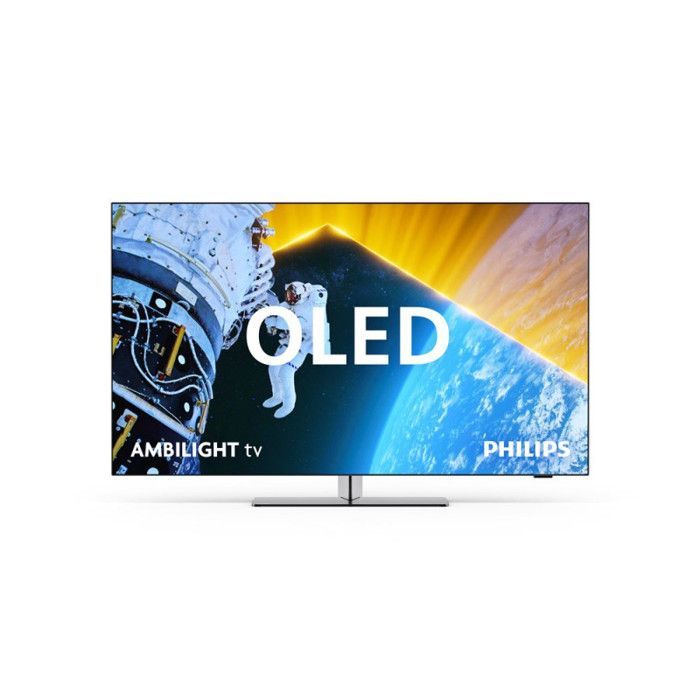 Televisore OLED Philips 65OLED849 da 164 cm con risoluzione 4K UHD, Ambilight, Google TV (2024) e finitura in metallo satinato.