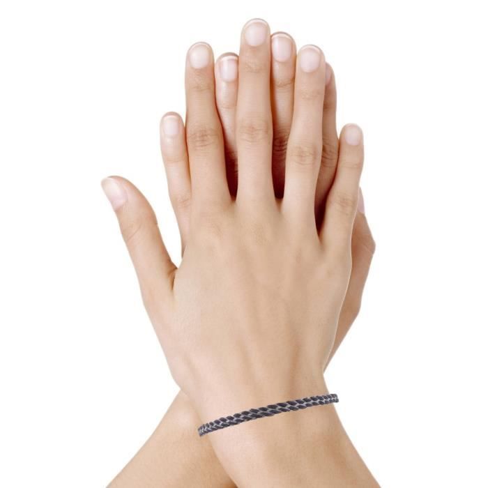 Les Poulettes Bijoux - Bracelet Mixte Cuir et Acier Tréssé Plat - Bleu Navy