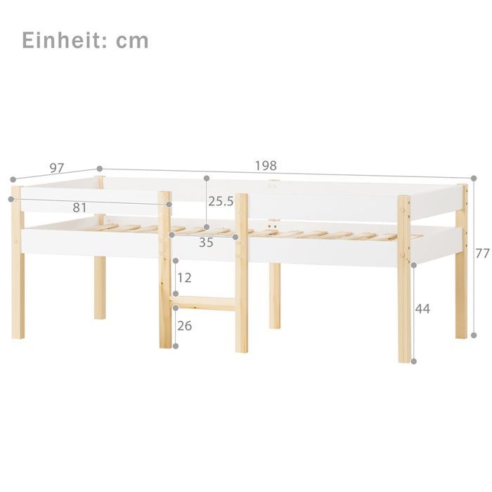 Kinderbed van gemiddelde hoogte, 90x190 cm, van massief wit grenen en eikenhout met valbeveiliging.