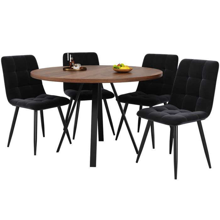 Table à manger ronde Set de 5 - 4 chaises en velours - 80x80 cm - Noir et noyer