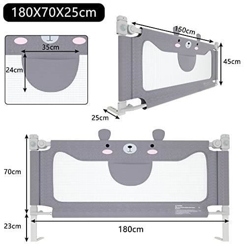 Barandilla de seguridad para cama infantil NAIZY de 180 cm para bebés, con altura ajustable, barrera de seguridad para protección contra caídas, color gris.