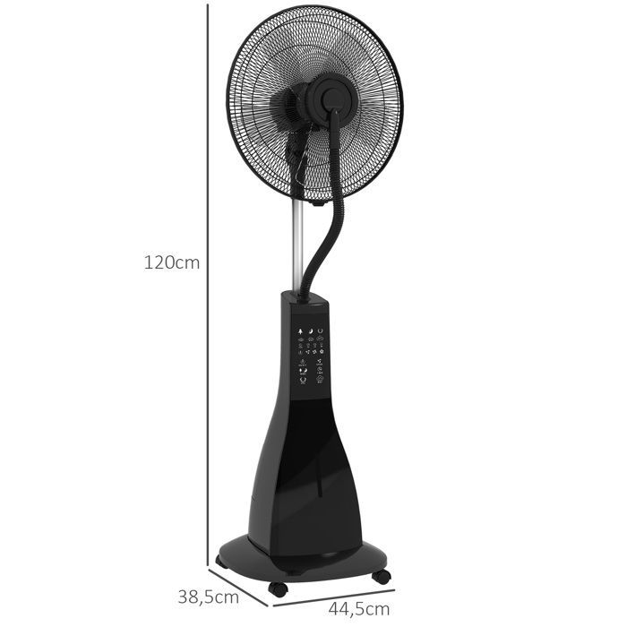 Ventilador de pedestal HOMCOM de 90 W con función de nebulización, ruedas, mando a distancia, temporizador, 3 modos, 3 velocidades, oscilante, inclinable - negro
