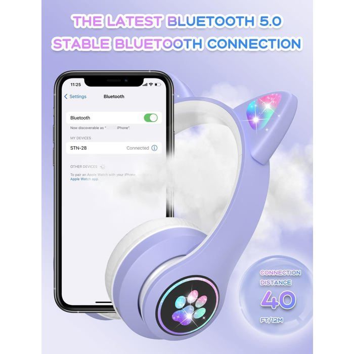 Cuffie Bluetooth per bambini, cuffie Bluetooth pieghevoli per bambini con luci LED e orecchie da gatto, cuffie wireless, viola