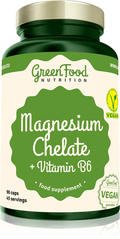 GreenFood Nutrition magnija helāta + B6 vitamīna uztura bagātinātāja kapsulas koncentrēšanās spēju un atmiņas uzlabošanai