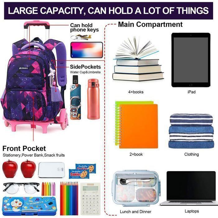 Estuche y mochila escolar con ruedas - Estuche y mochila escolar con ruedas para niñas, escuela primaria, para niños de 6 a 16 años - Ligero y práctico