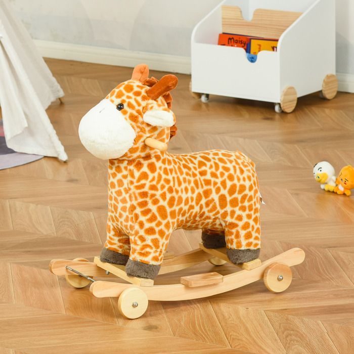 Juguete balancín - HOMCOM - Jirafa y correpasillos 2 en 1 con función de sonido de rugido - Peluche - Madera - Lustrado