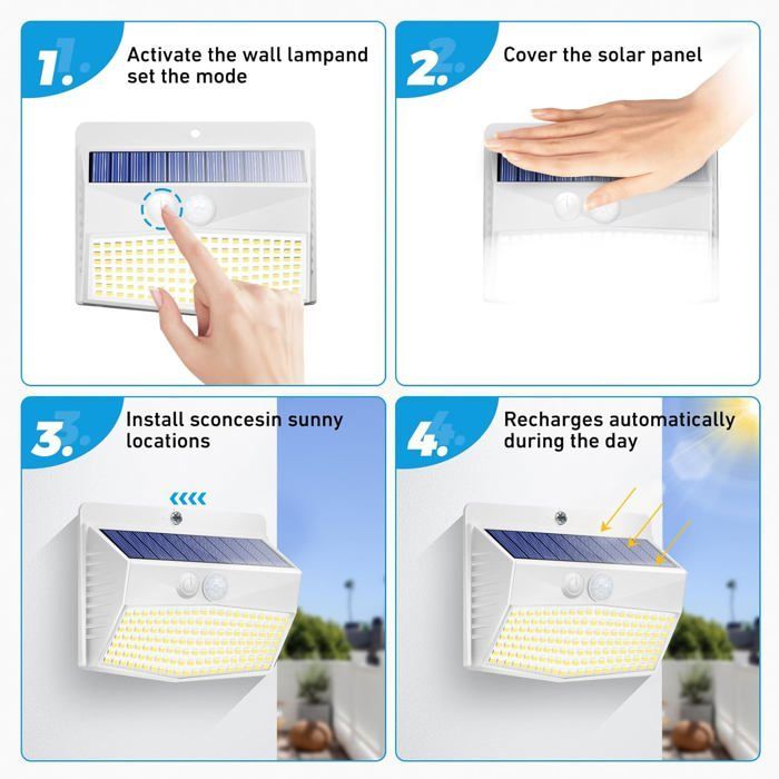 Luminária solar externa com sensor de movimento [3 LEDs de 138 unidades] Luz sem fio à prova d'água com 3 modos de iluminação externa solar