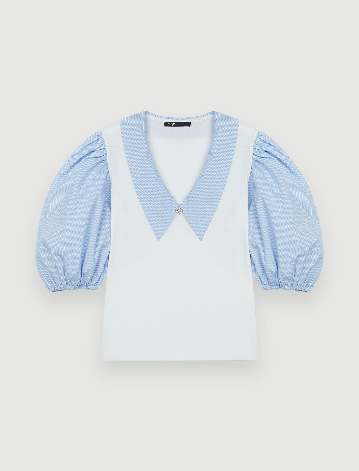 Tricou cu guler din material mixt - Albastru