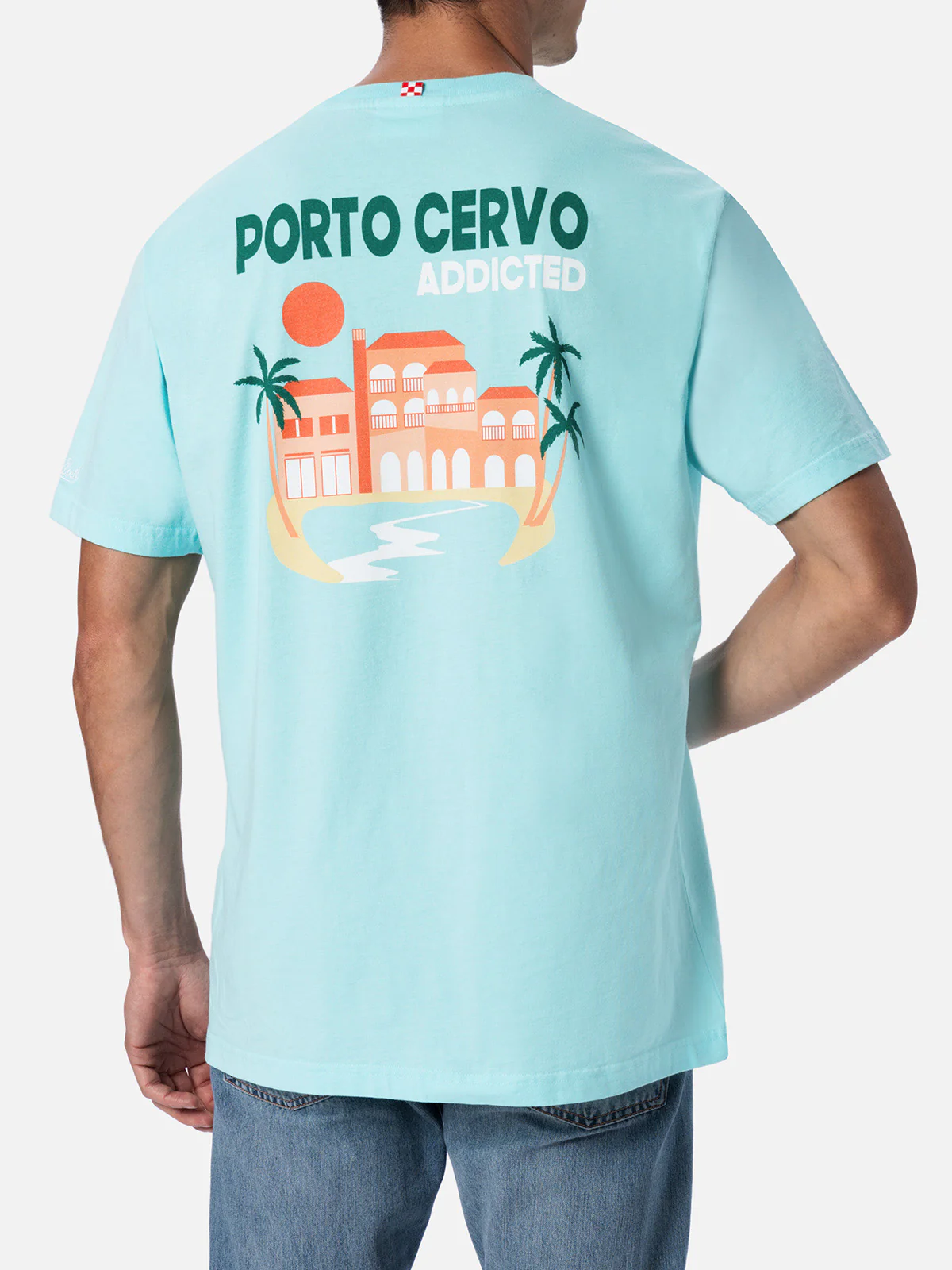 T-shirt da uomo in cotone con stampa piazzata cartolina Porto Cervo Ad